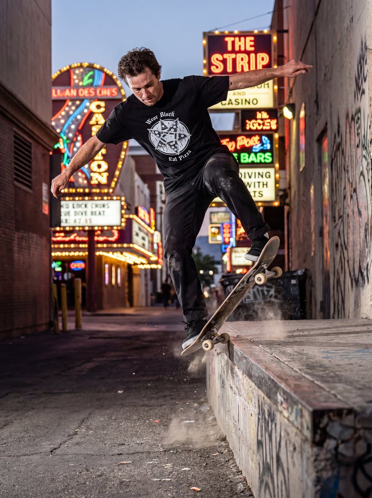 Skater mid-ollie in the Wear Black Eat Pizza tee, Las Vegas