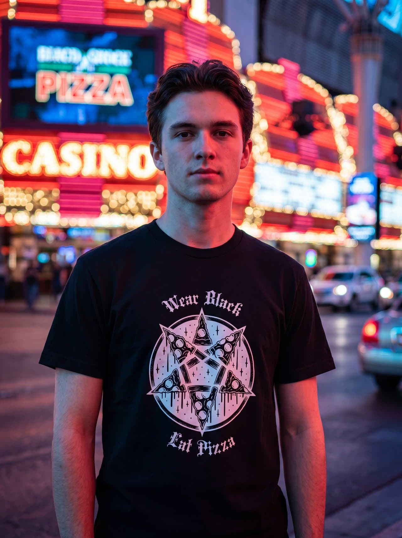 WEAR BLACK / EAT PIZZA — worn on a Las Vegas street at night